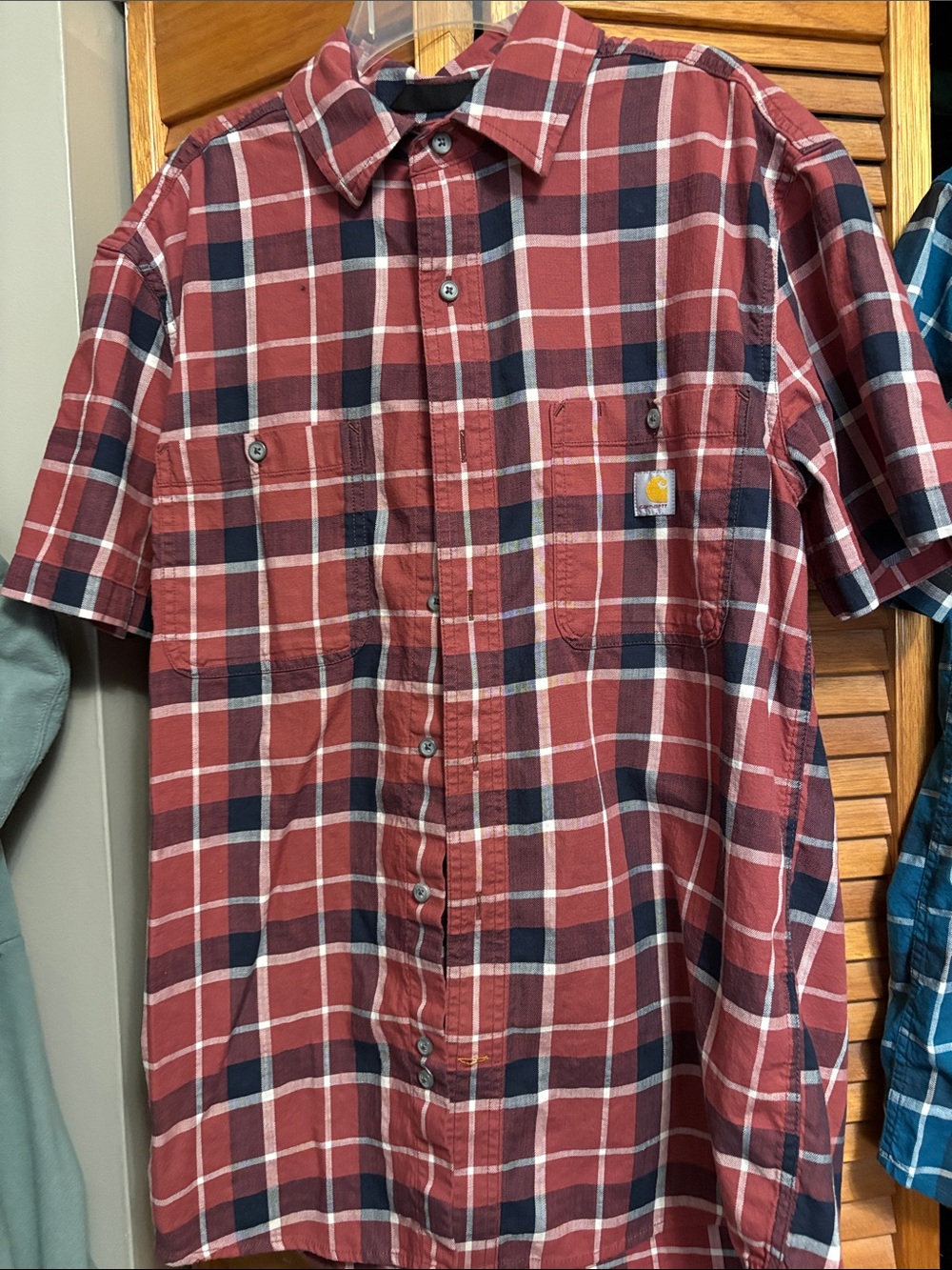 Carhartt Men’s Red and Navy Plaid Short-Sleeve Button-Down Shirt